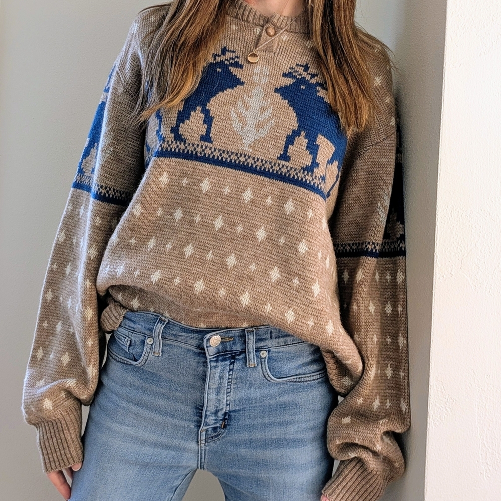 Vintage Reindeer Abstract Geometric Chunky Wool Blend Henley Sweater In Tan/Blue